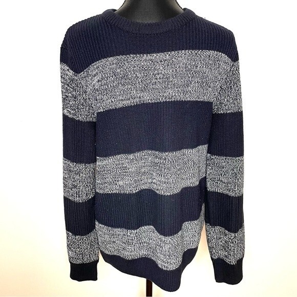 H&M Sweater Crewneck Striped Pullover Knit Grunge Unisex Navy Blue Size Medium - Picture 1 of 7